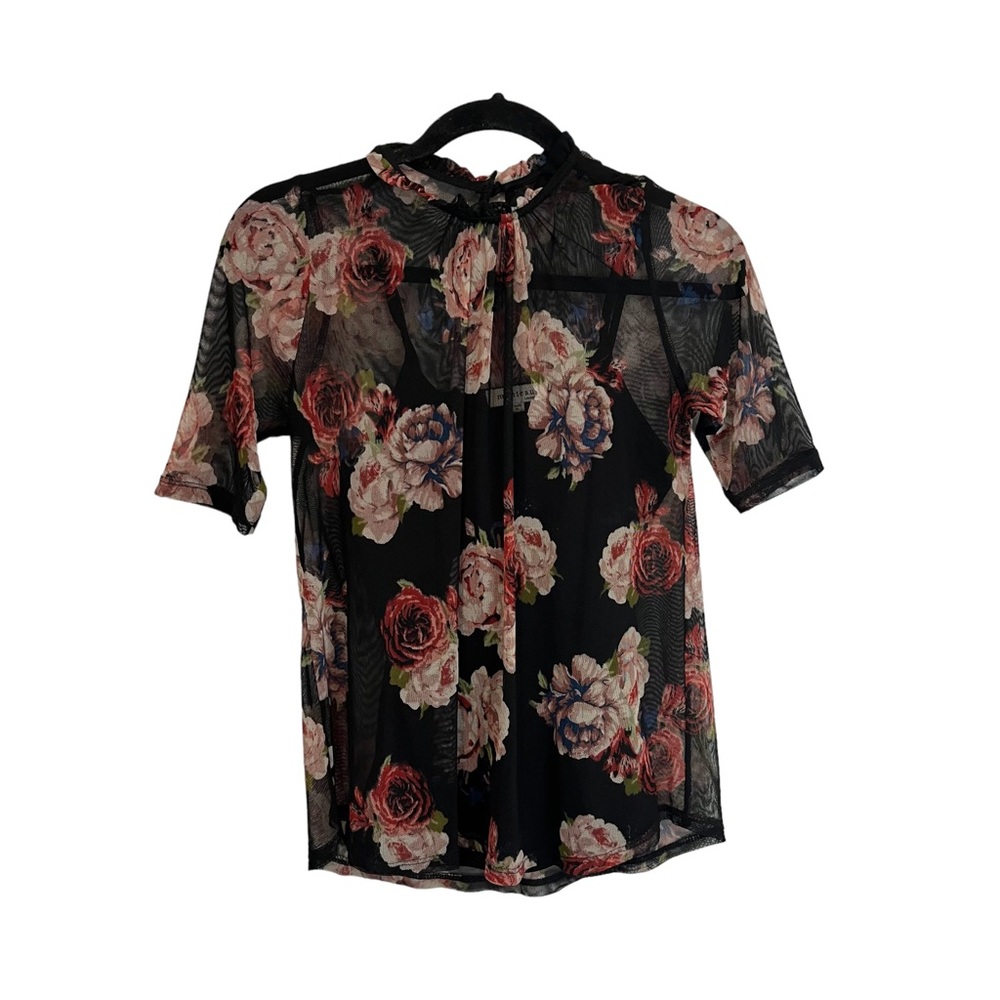 Monteau Black Floral Short Sleeve Sheer Lined Keyhole Top Blouse Womens Size S